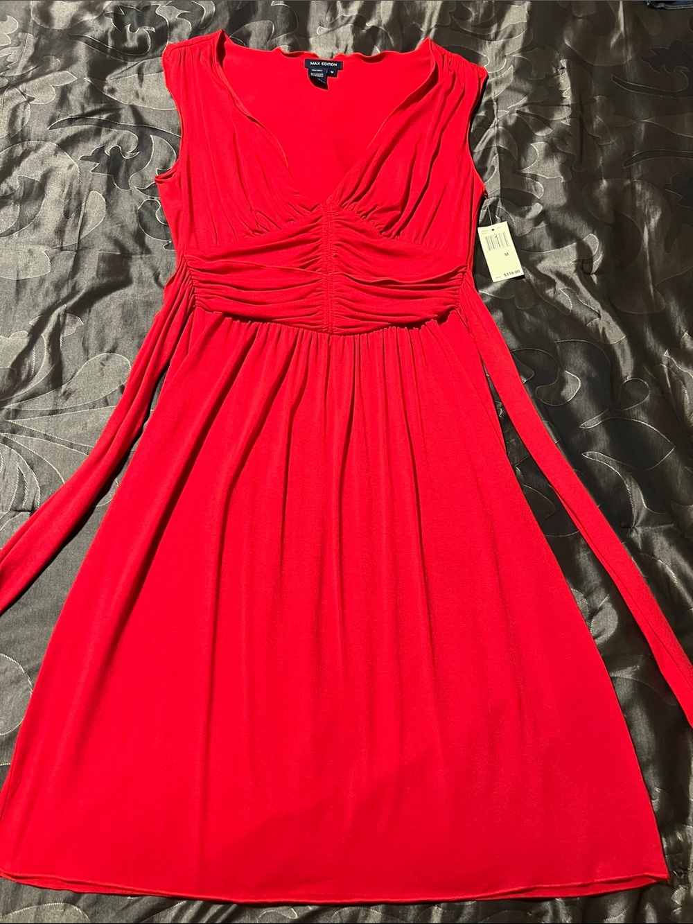 NWT Max Edition Red Deep V-Neck Ruched Empire Midi Dress Back Tie Belt Medium
